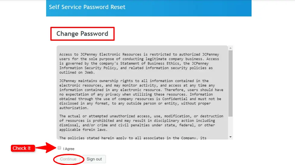 JCP Associate Kiosk Reset Password Terms